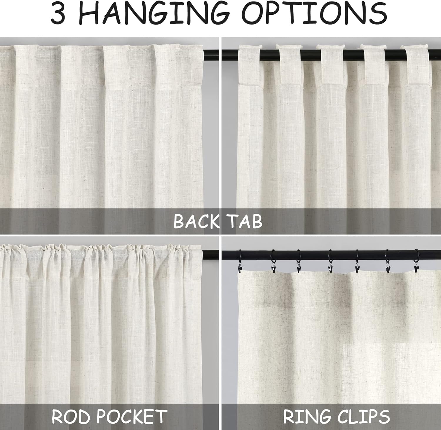 Nanspring Linen Blend Back Tab Curtains 84" 2-Pack Neutral Modern Farmhouse