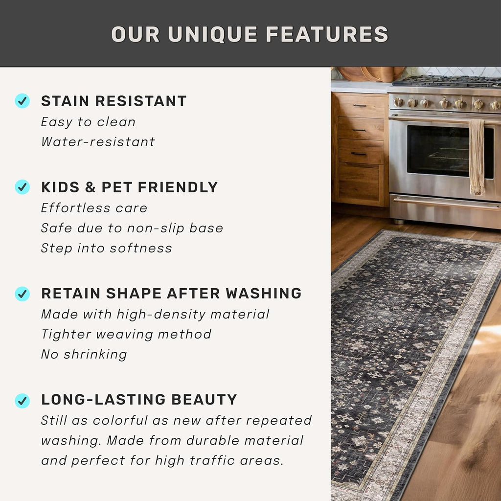 Black Boho Washable Runner Rug (2' x 6') - Non-Slip, Stain-Resistant for Kitchen & Hallway by Hazo Haus