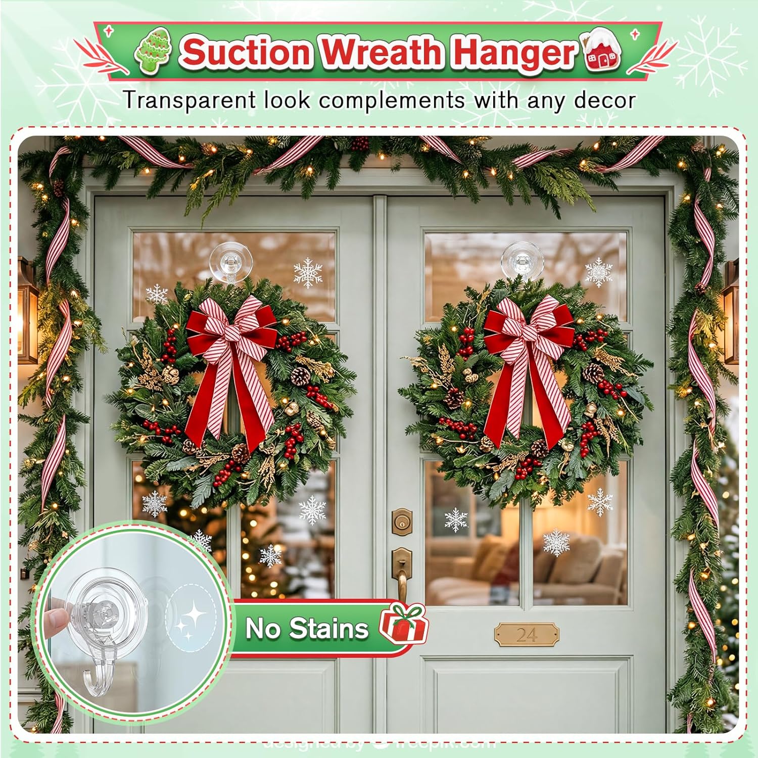 VIS'V Heavy Duty Suction Cup Wreath Hanger Set (2 Pcs) - 22 LB Capacity Clear Hooks