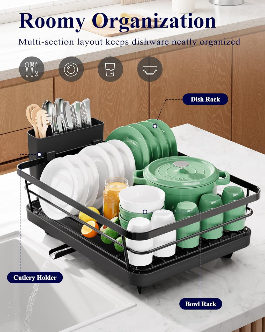 Kitsure Compact Dish Drying Rack for Small Kitchens - Stainless Steel with Detachable Cutlery Holder