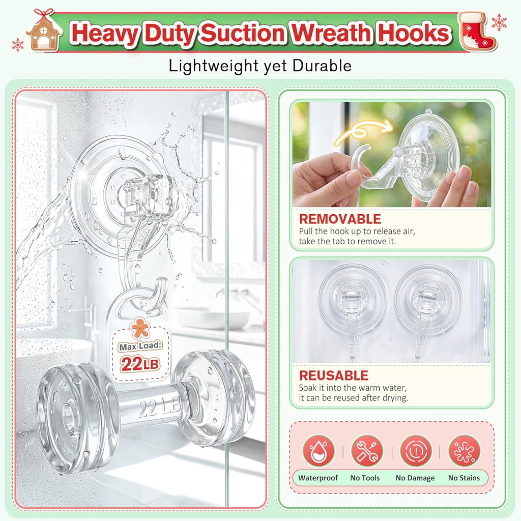VIS'V Heavy Duty Suction Cup Wreath Hanger Set (2 Pcs) - 22 LB Capacity Clear Hooks