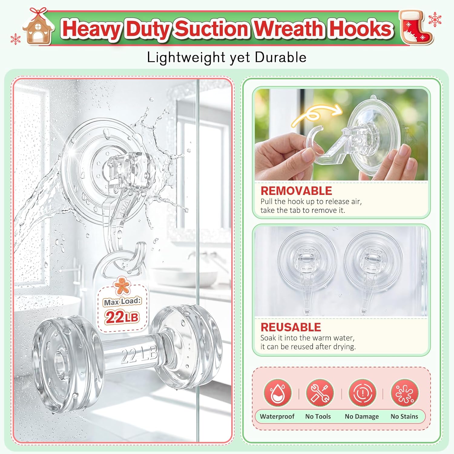VIS'V Heavy Duty Suction Cup Wreath Hanger Set (2 Pcs) - 22 LB Capacity Clear Hooks