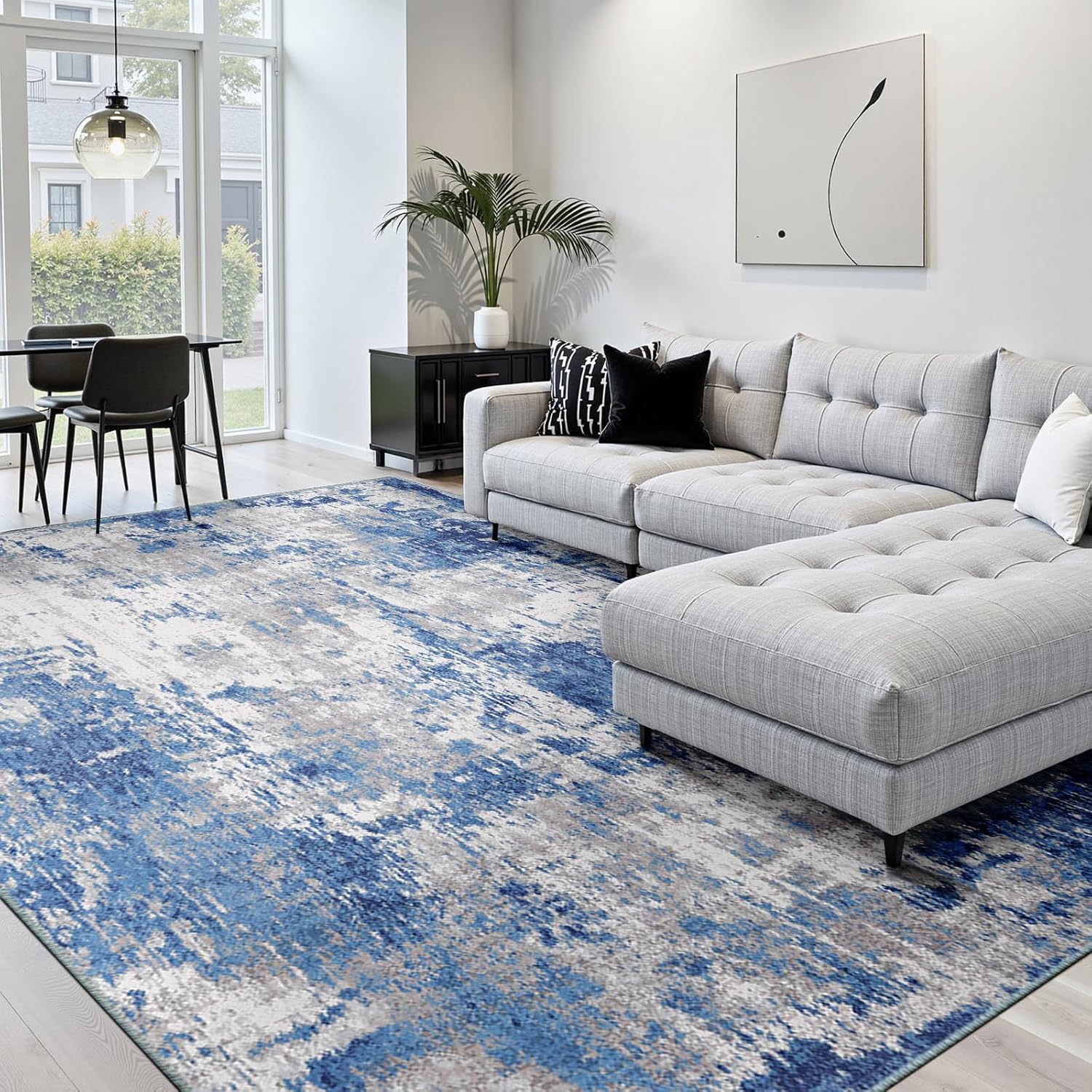 RELEANY Washable Non-Slip Abstract Rug 5'x7' for Living Room - Modern Blue Grey Design
