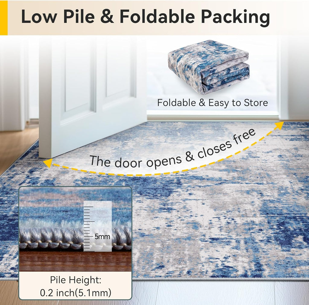 RELEANY Washable Non-Slip Abstract Rug 5'x7' for Living Room - Modern Blue Grey Design
