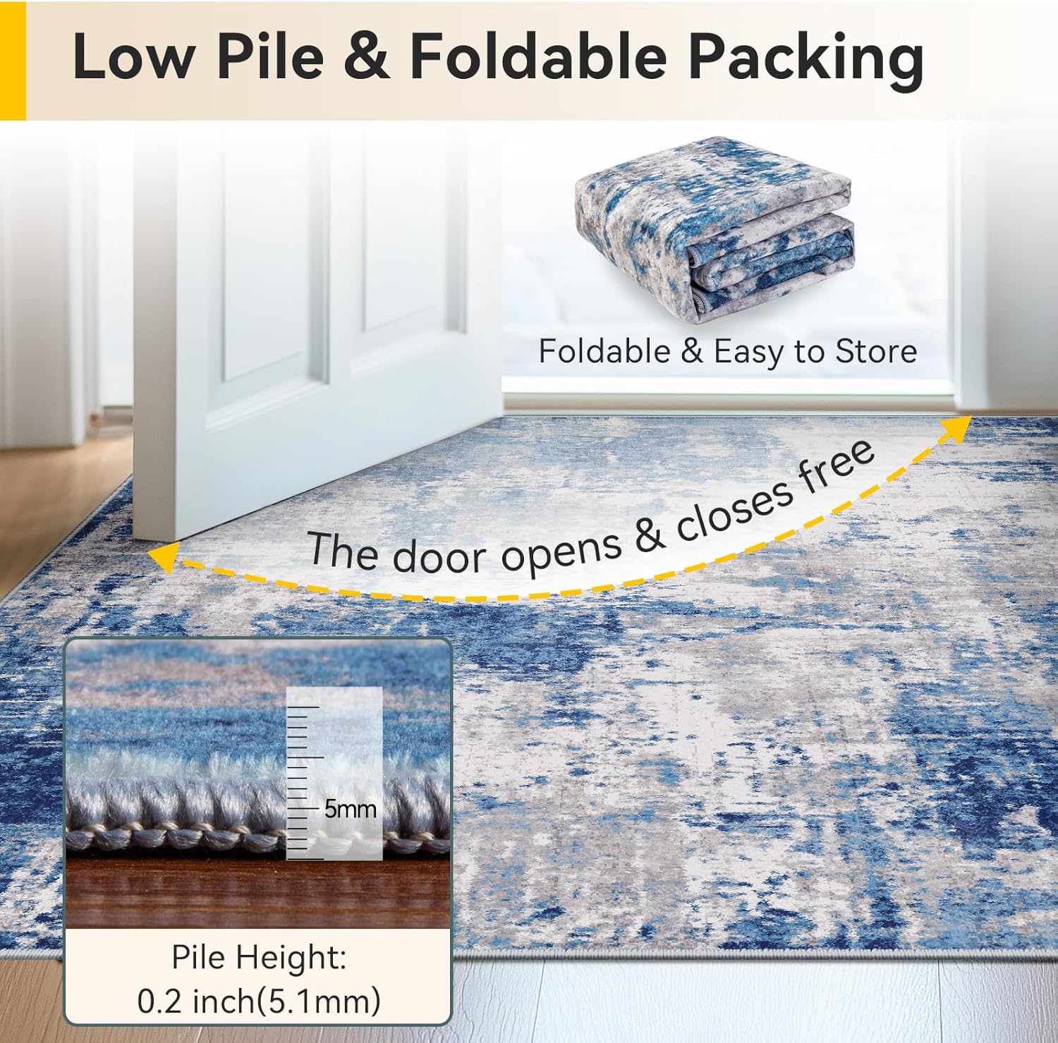 RELEANY Washable Non-Slip Abstract Rug 5'x7' for Living Room - Modern Blue Grey Design