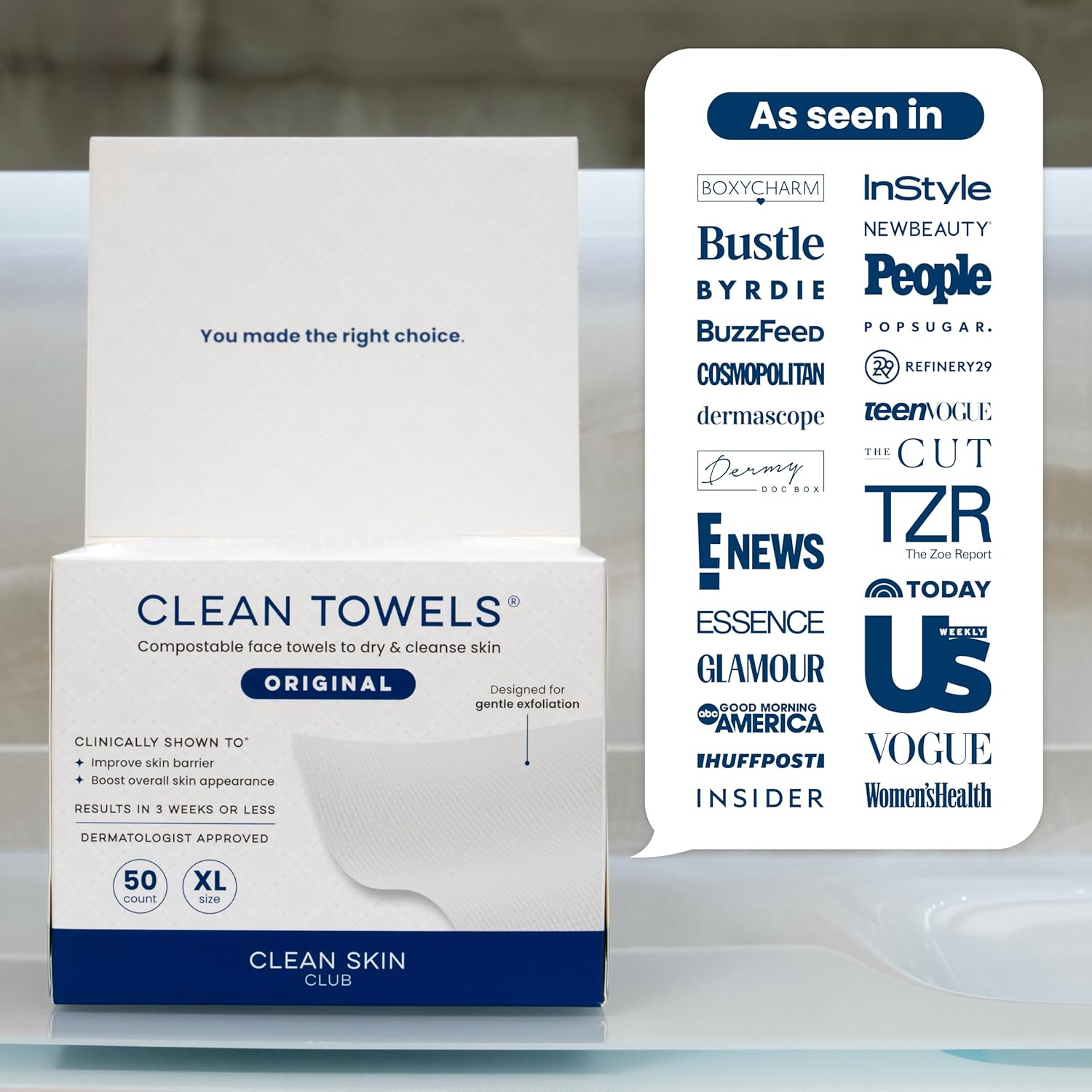 Clean Skin Club 100% Biobased Disposable Face Towels XL - 50 Count, Dermatologist-Approved Makeup Remover Wipes