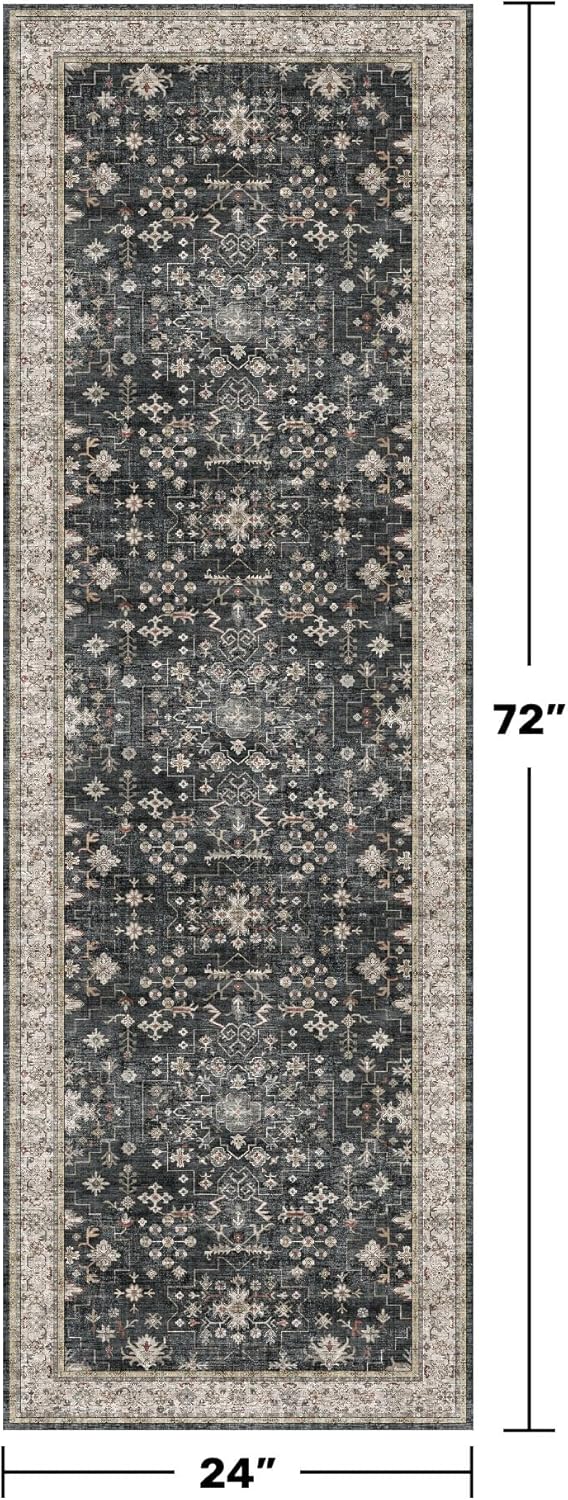 Black Boho Washable Runner Rug (2' x 6') - Non-Slip, Stain-Resistant for Kitchen & Hallway by Hazo Haus