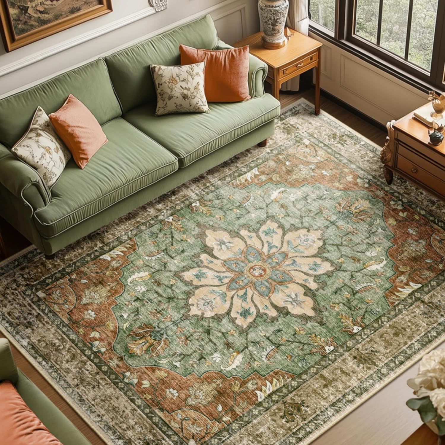 RELEANY 8'x10' Washable Non-Slip Floral Vintage Medallion Rug for Living Room