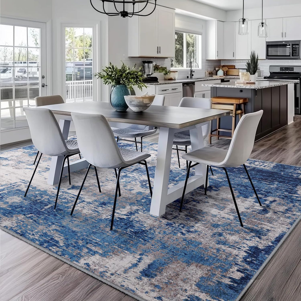 RELEANY Washable Non-Slip Abstract Rug 5'x7' for Living Room - Modern Blue Grey Design