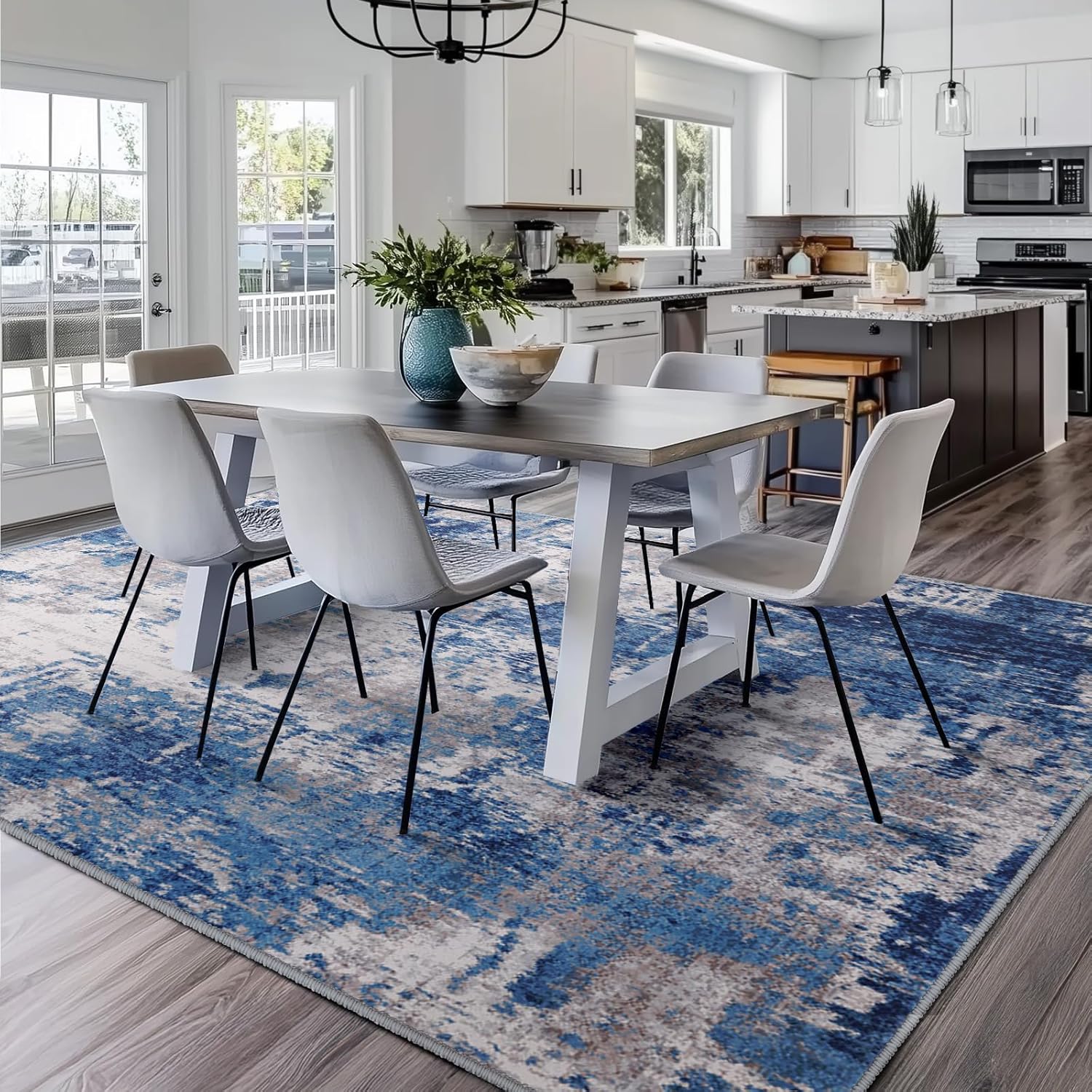 RELEANY Washable Non-Slip Abstract Rug 5'x7' for Living Room - Modern Blue Grey Design