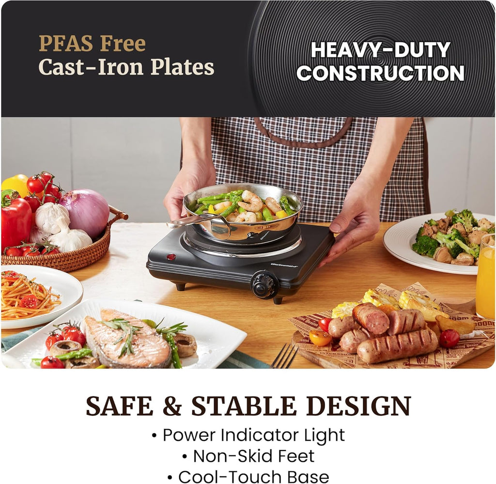 Elite Gourmet Portable Electric Burner - 1000W Cast Iron Hot Plate with 7 Heat Settings for RVs & Small Kitchens