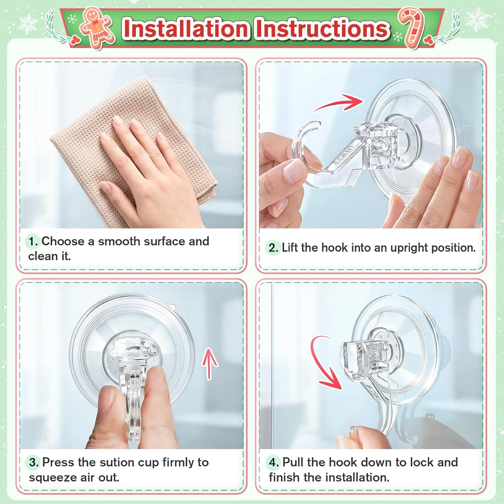 VIS'V Heavy Duty Suction Cup Wreath Hanger Set (2 Pcs) - 22 LB Capacity Clear Hooks