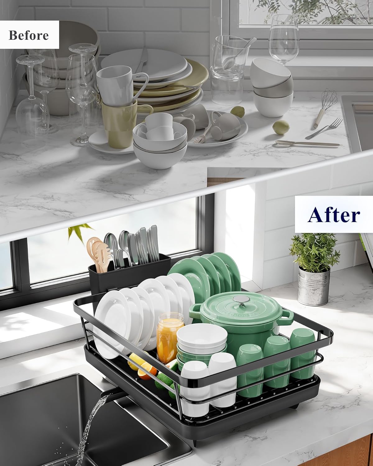 Kitsure Compact Dish Drying Rack for Small Kitchens - Stainless Steel with Detachable Cutlery Holder