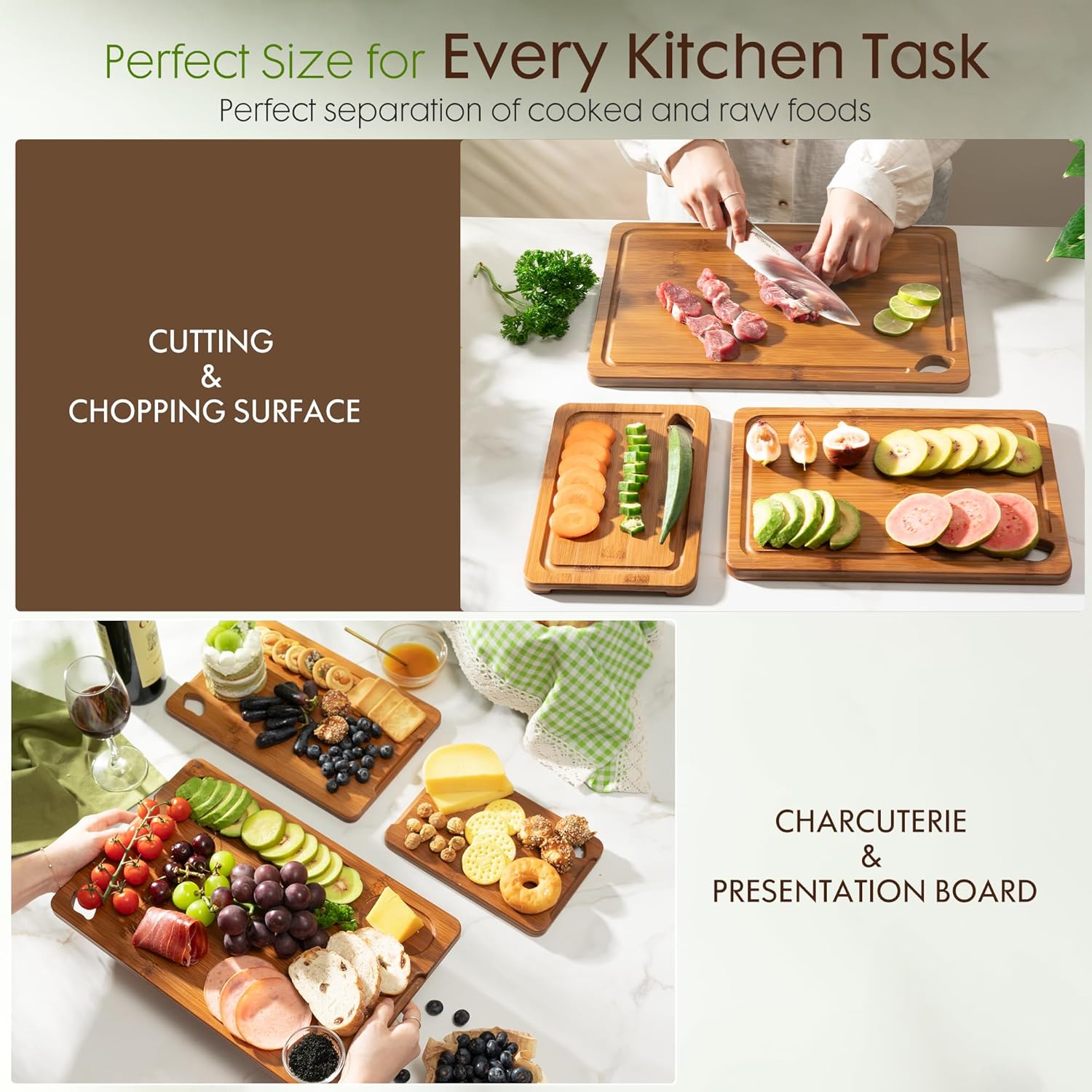 Astercook Carbonized Bamboo Cutting Boards Set w/ Stand (3-Piece)