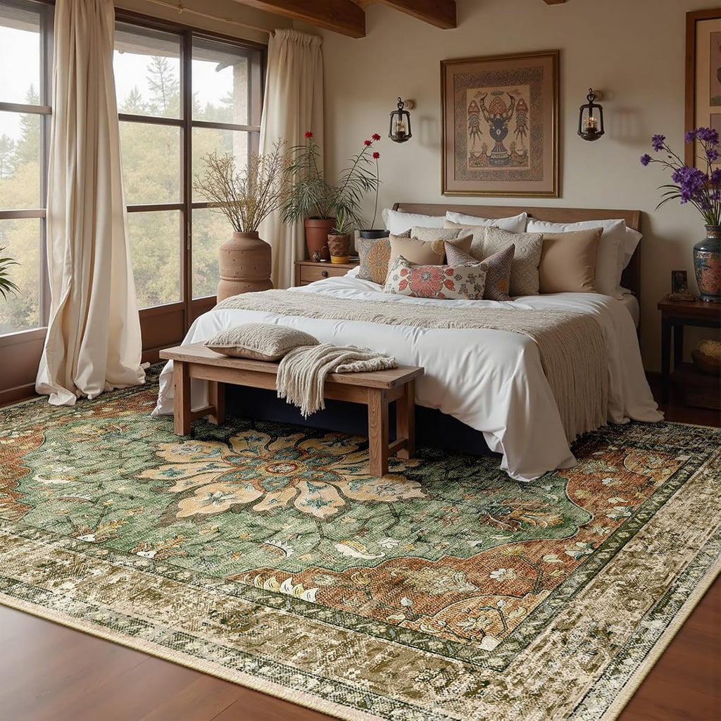 RELEANY 8'x10' Washable Non-Slip Floral Vintage Medallion Rug for Living Room