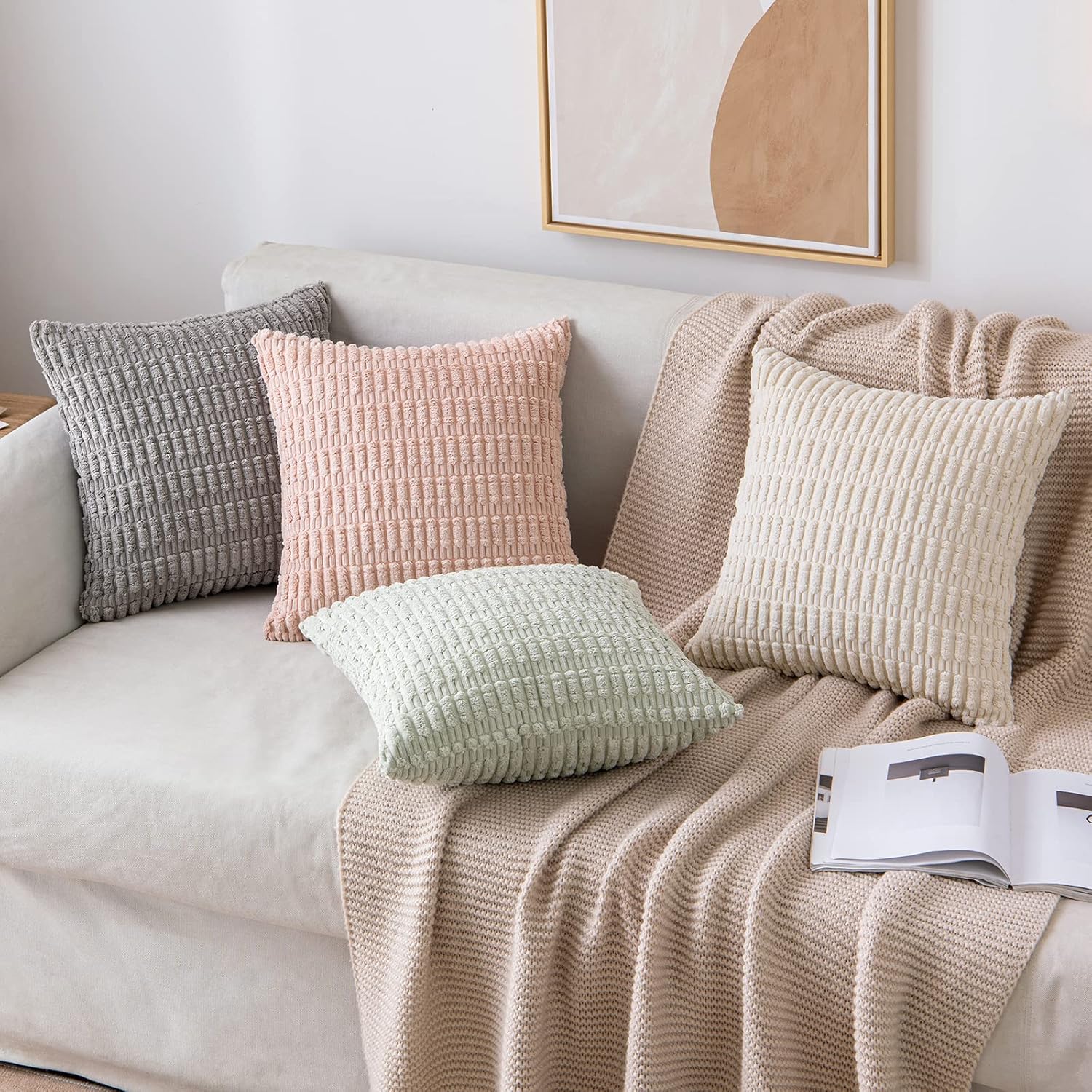 MIULEE Pack of 2 Corduroy Decorative Throw Pillow Covers 18x18 Inch Soft Boho Striped Pillow Covers Modern Farmhouse Home Decor for Sofa Living Room Couch Bed Cream White