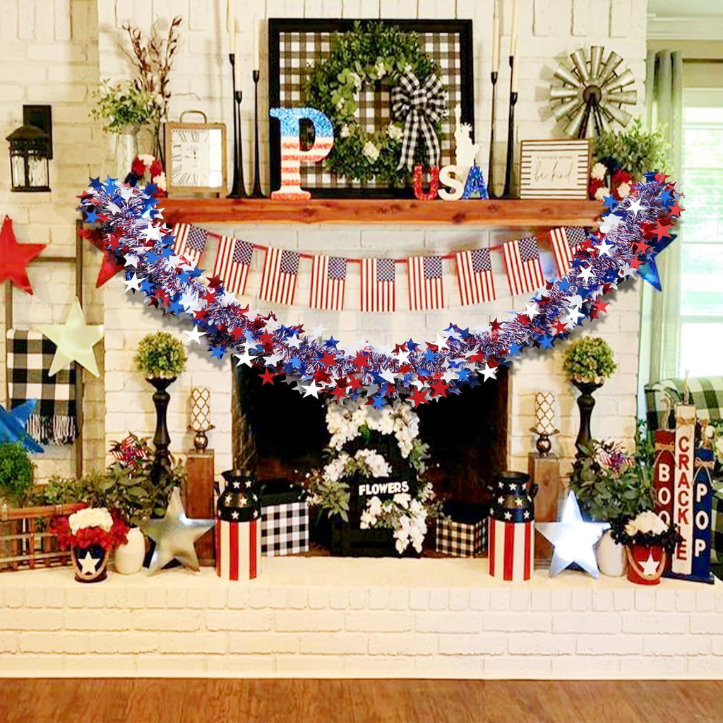 Hongsome Patriotic 4th of July Garland - 50ft Shiny Tinsel Decor for Home & Yard