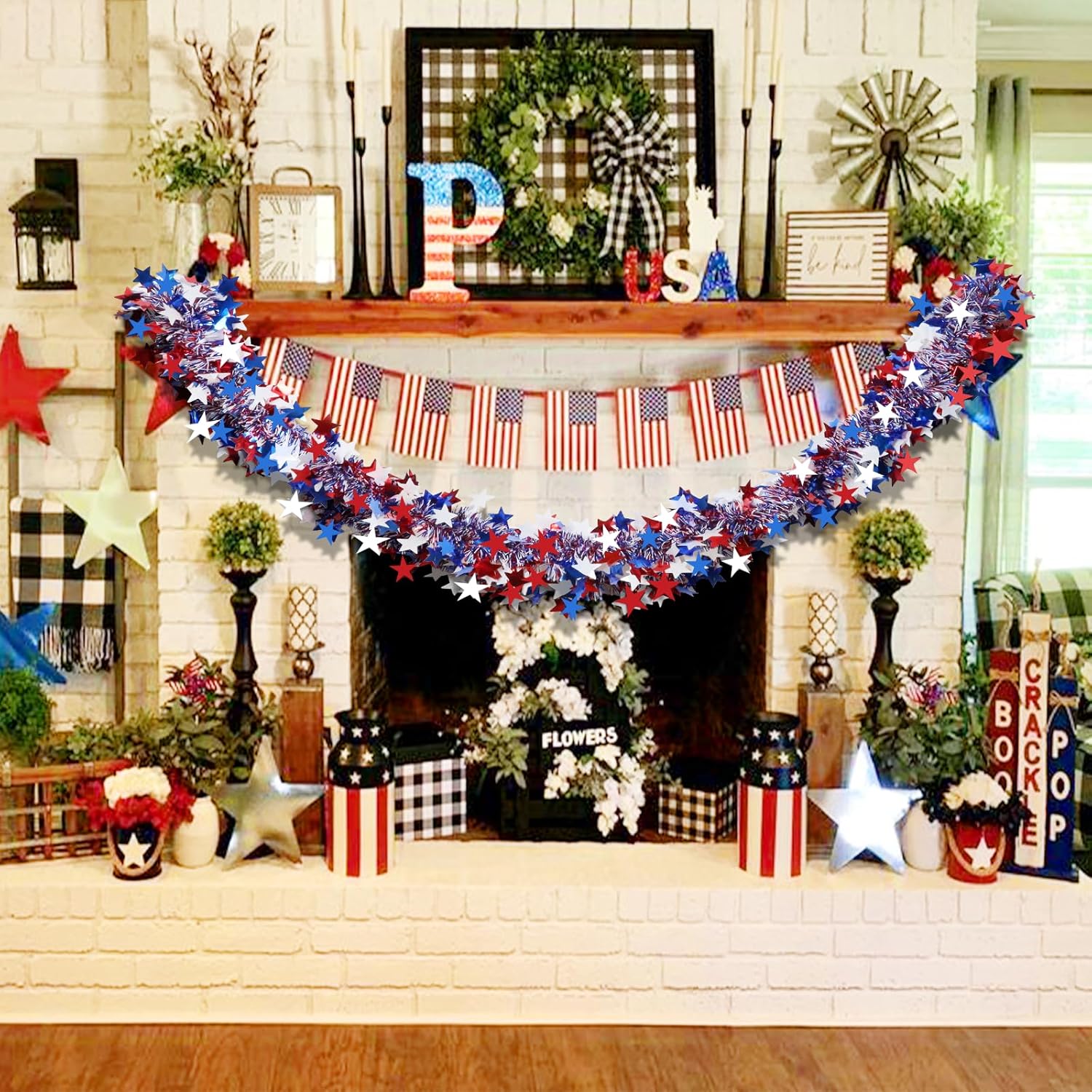 Hongsome Patriotic 4th of July Garland - 50ft Shiny Tinsel Decor for Home & Yard