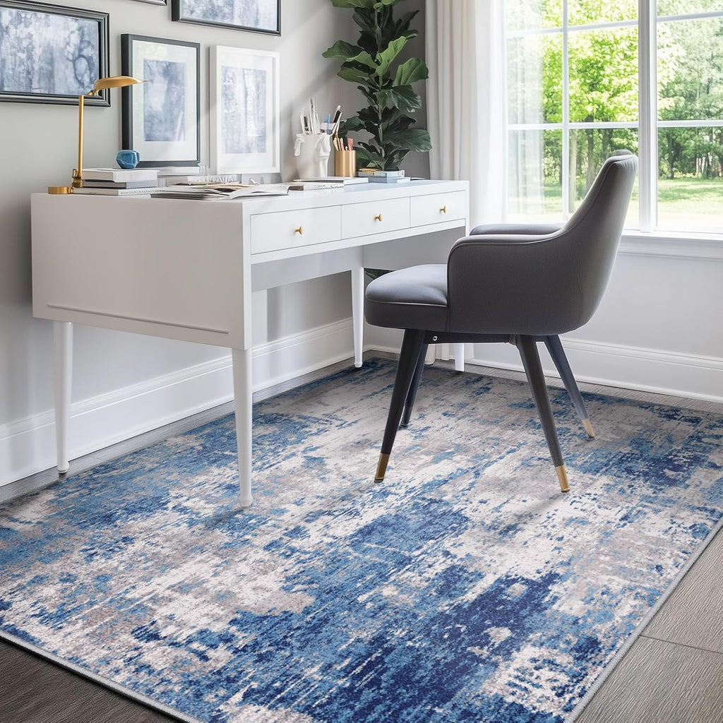 RELEANY Washable Non-Slip Abstract Rug 5'x7' for Living Room - Modern Blue Grey Design