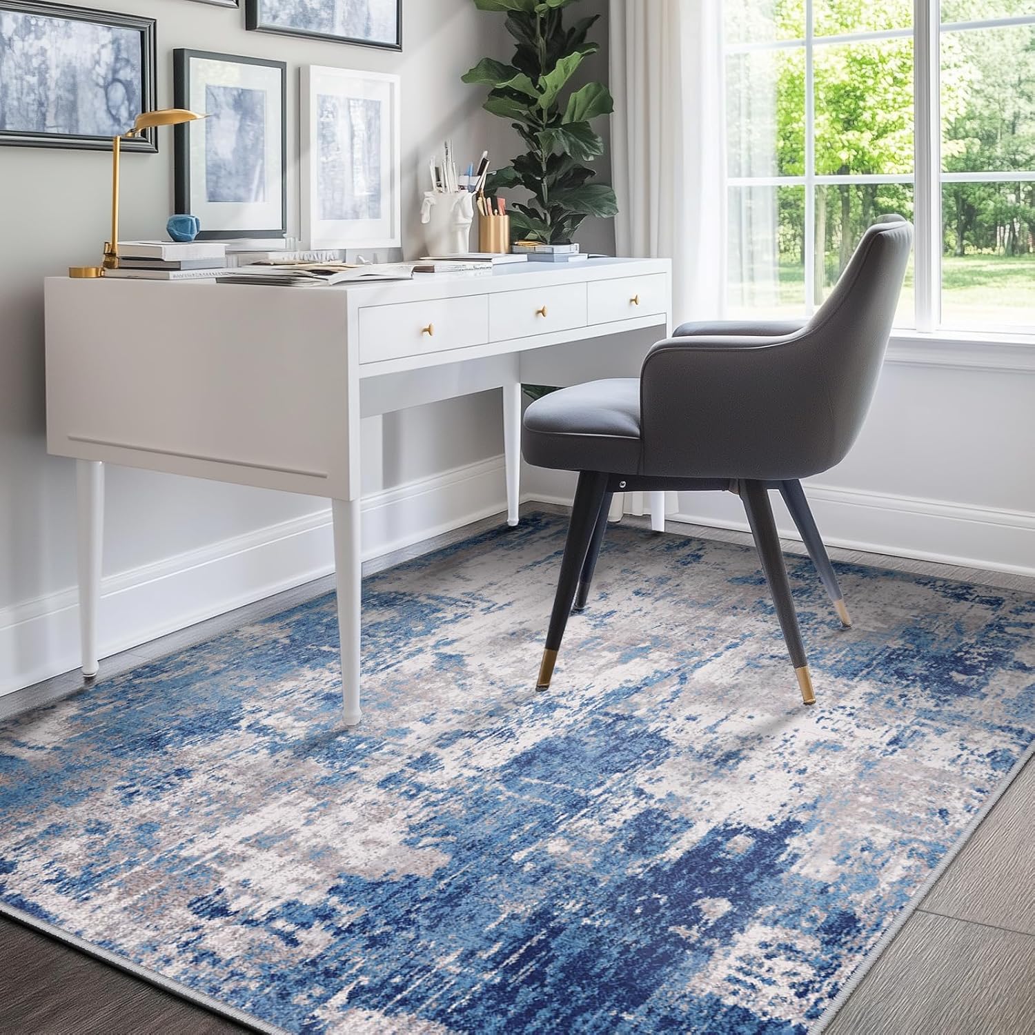 RELEANY Washable Non-Slip Abstract Rug 5'x7' for Living Room - Modern Blue Grey Design