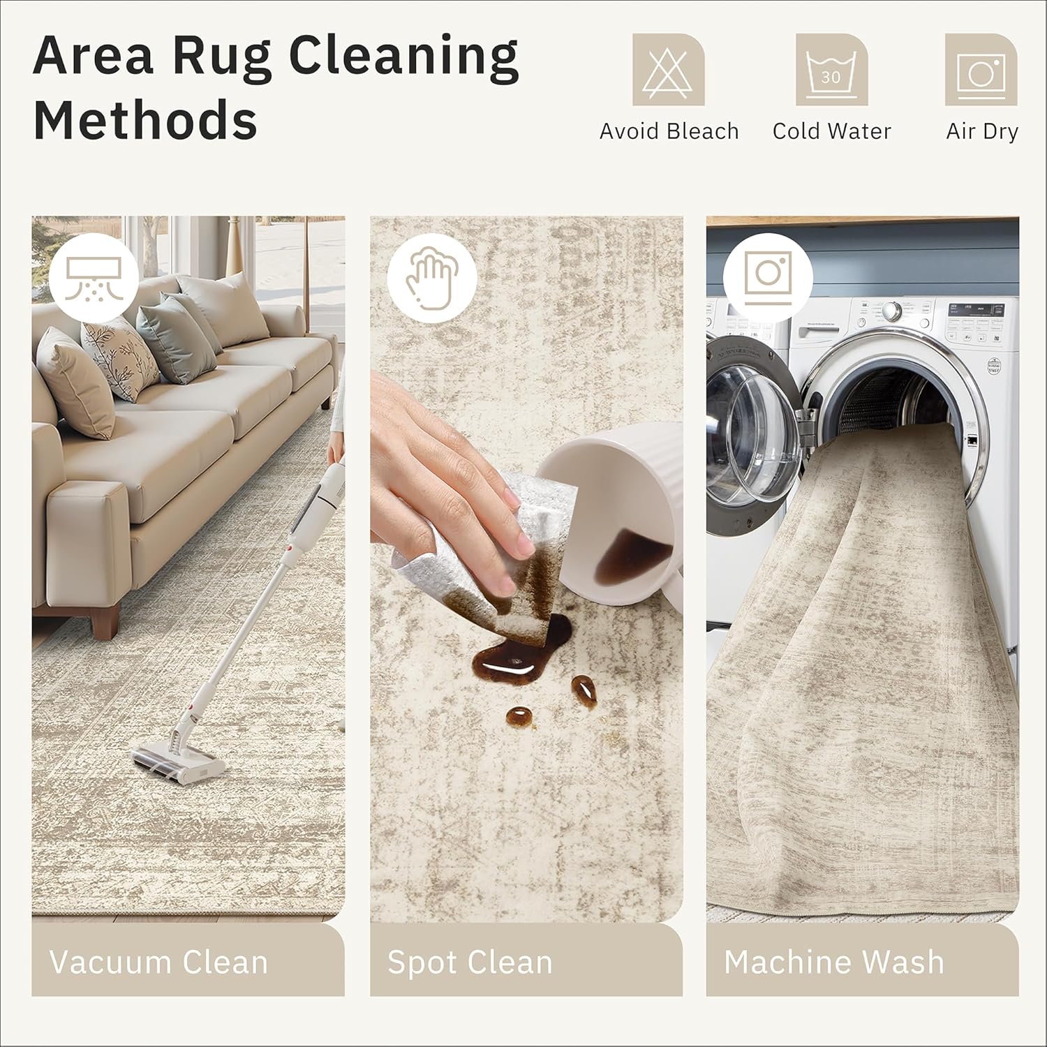 Soalmost Washable 8x10 Vintage Beige Area Rug - Soft Non-Slip Living Room Carpet