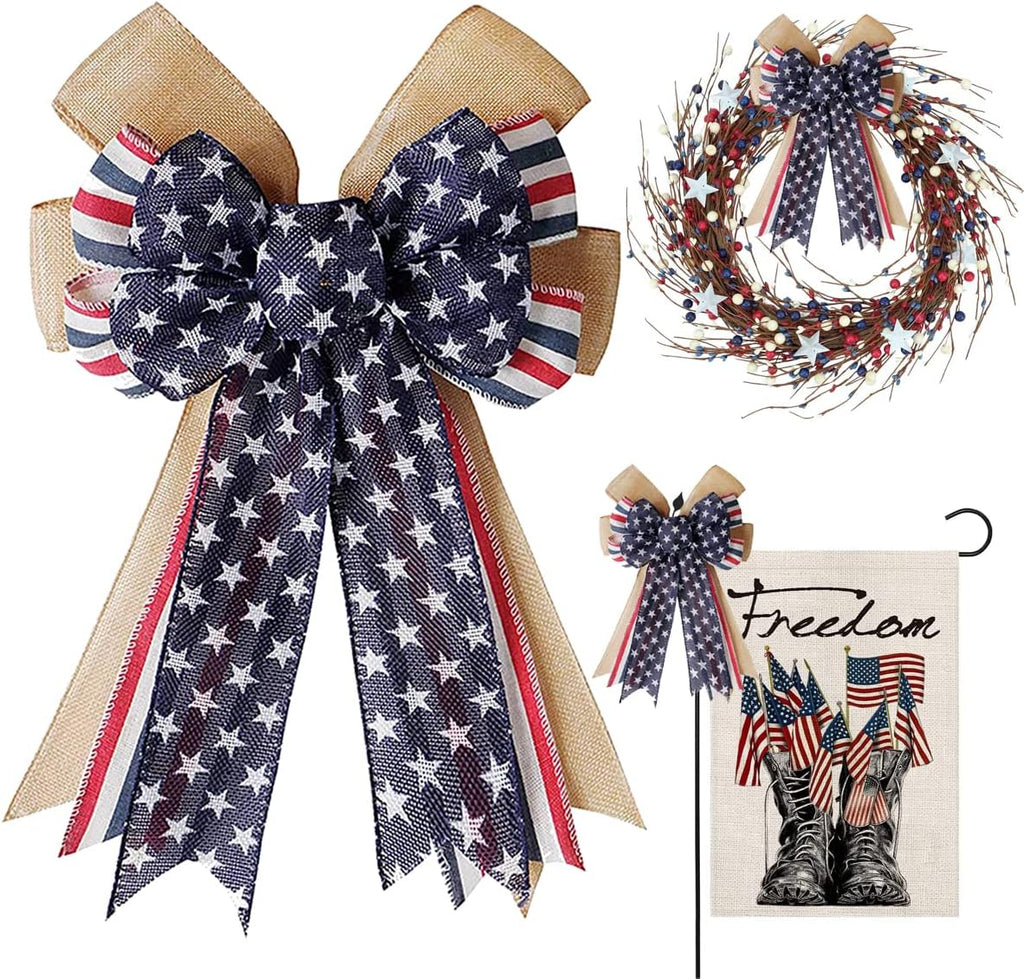 Hongsome Patriotic Burlap Bow for 4th of July Wreaths - Red White Blue Stars, 11x16.5in