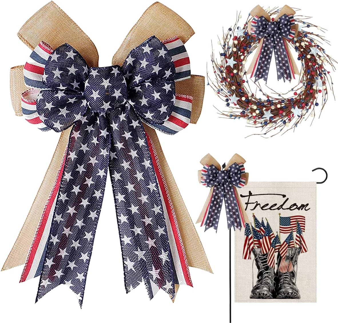 Hongsome Patriotic Burlap Bow for 4th of July Wreaths - Red White Blue Stars, 11x16.5in