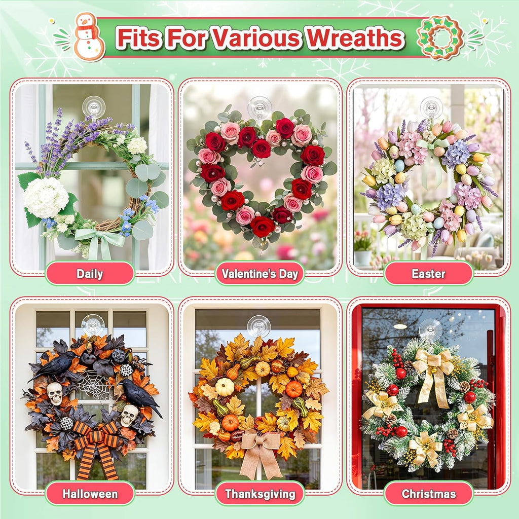 VIS'V Heavy Duty Suction Cup Wreath Hanger Set (2 Pcs) - 22 LB Capacity Clear Hooks
