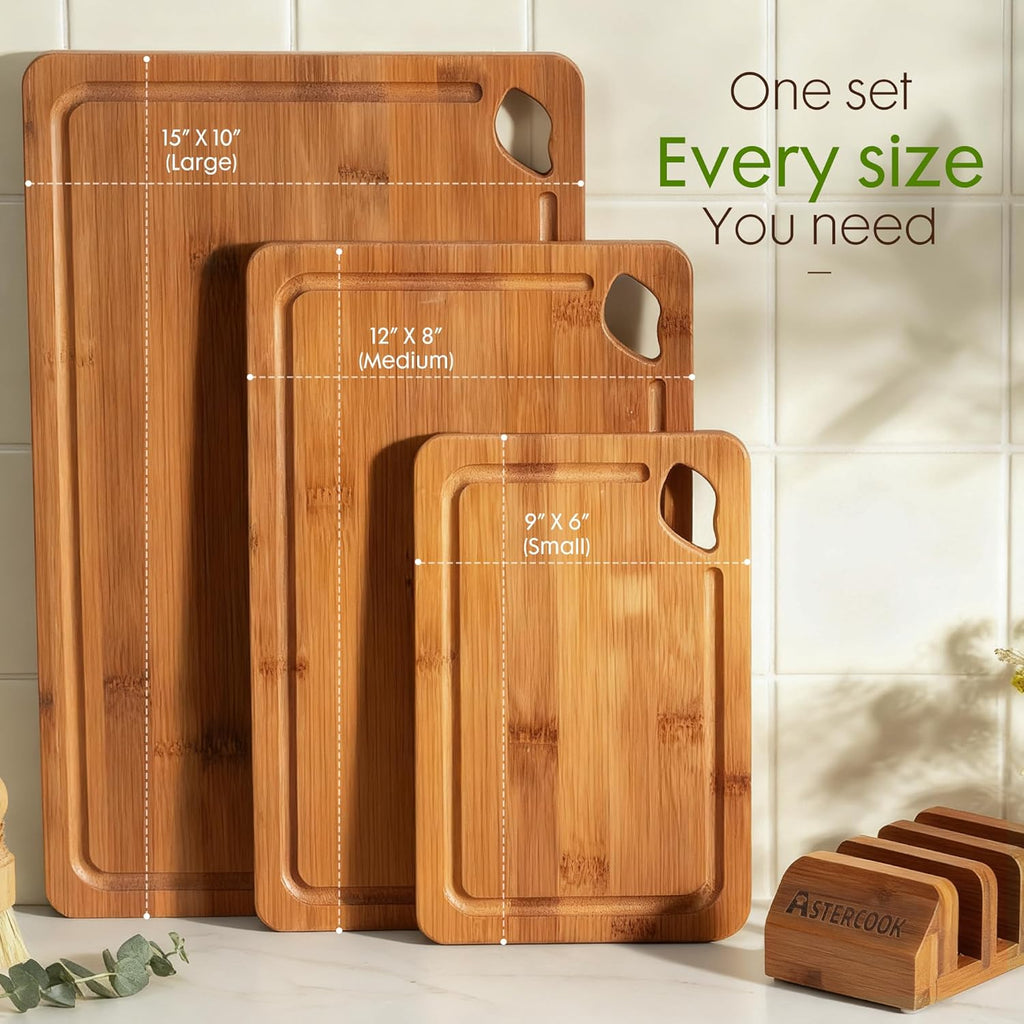 Astercook Carbonized Bamboo Cutting Boards Set w/ Stand (3-Piece)