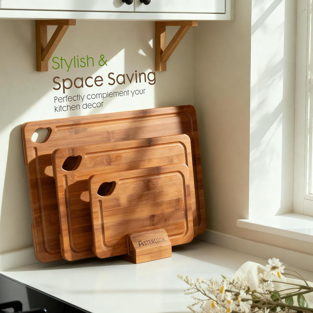 Astercook Carbonized Bamboo Cutting Boards Set w/ Stand (3-Piece)