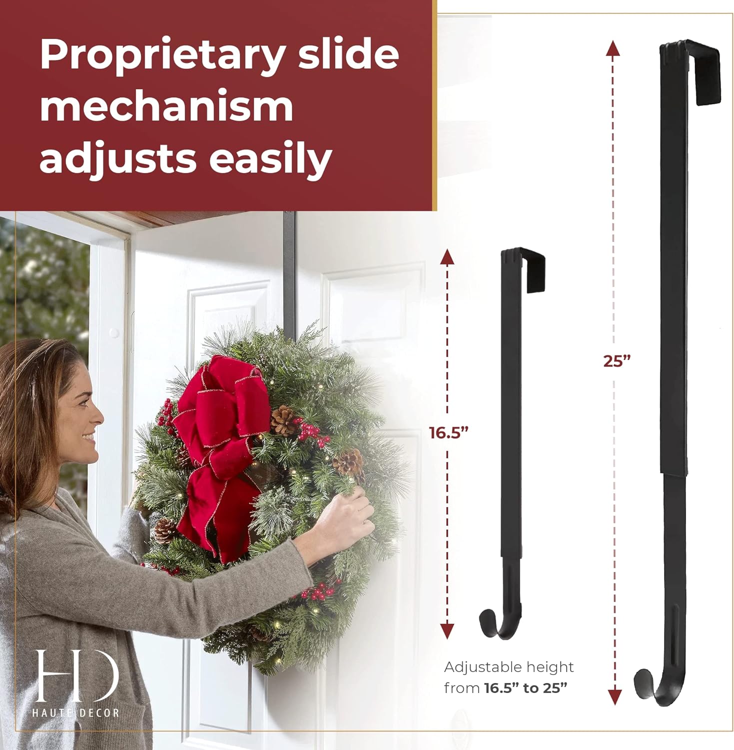 Haute Decor Adjustable Front Door Wreath Hanger - Holds Up to 20 Lb