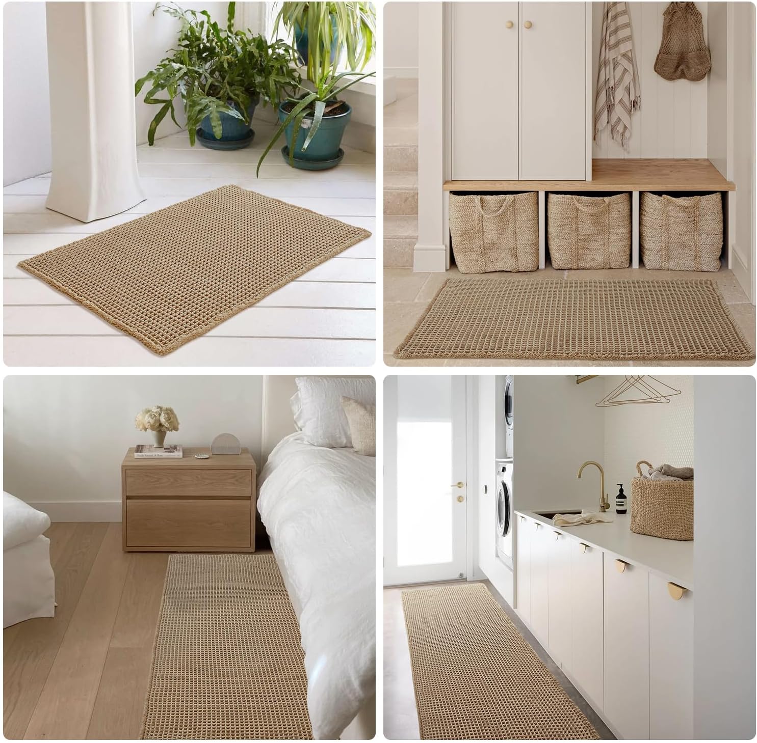 TYUU Boho Waffle Bath Mat - Non-Slip, Super Absorbent Farmhouse Rug (30x20", Khaki)