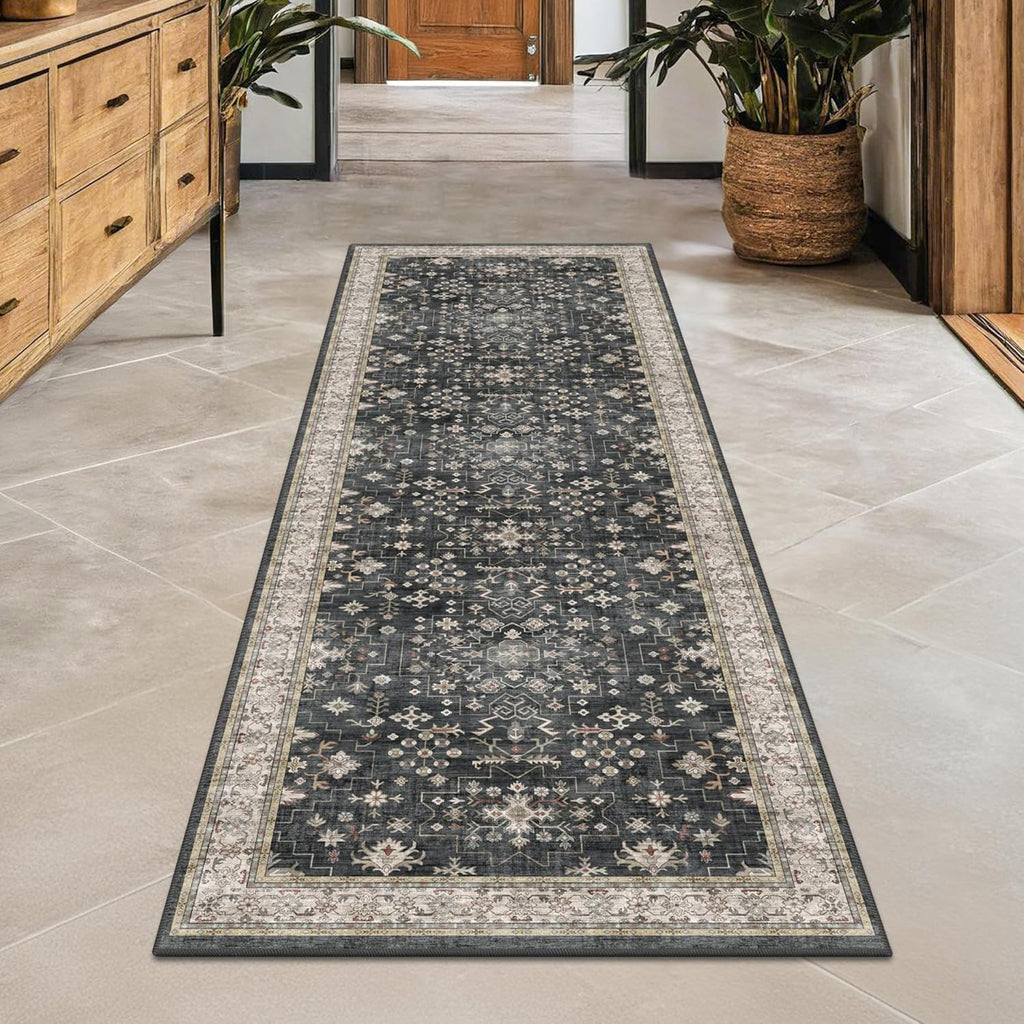 Black Boho Washable Runner Rug (2' x 6') - Non-Slip, Stain-Resistant for Kitchen & Hallway by Hazo Haus