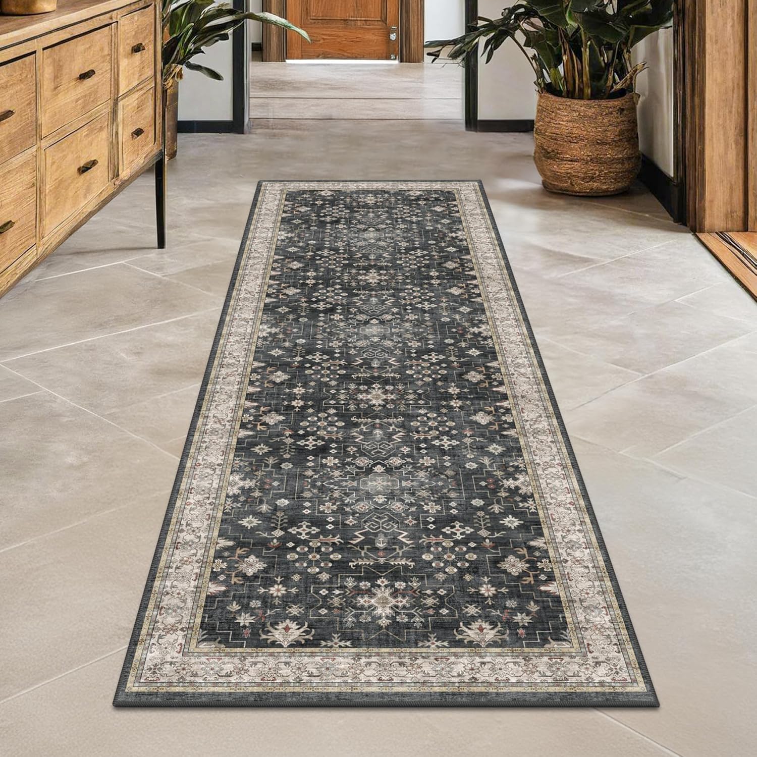 Black Boho Washable Runner Rug (2' x 6') - Non-Slip, Stain-Resistant for Kitchen & Hallway by Hazo Haus