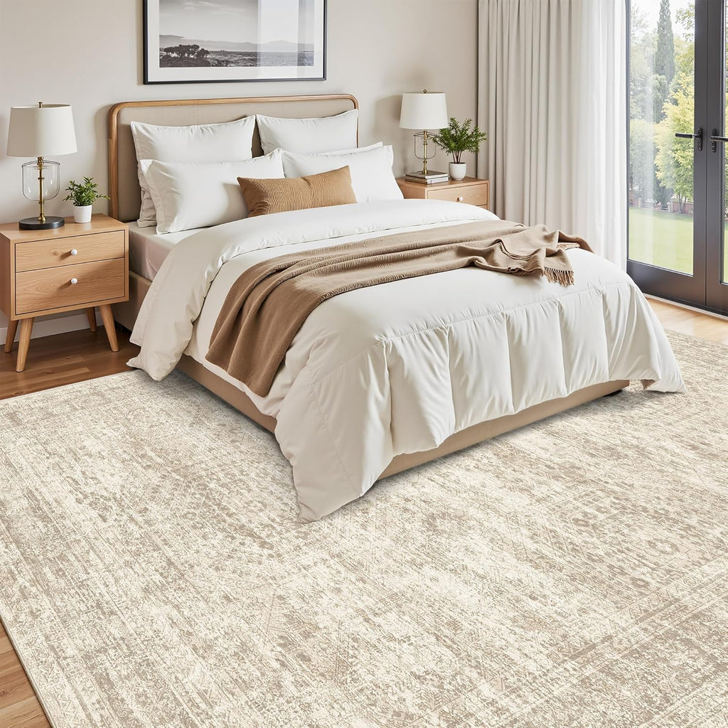 Soalmost Washable 8x10 Vintage Beige Area Rug - Soft Non-Slip Living Room Carpet