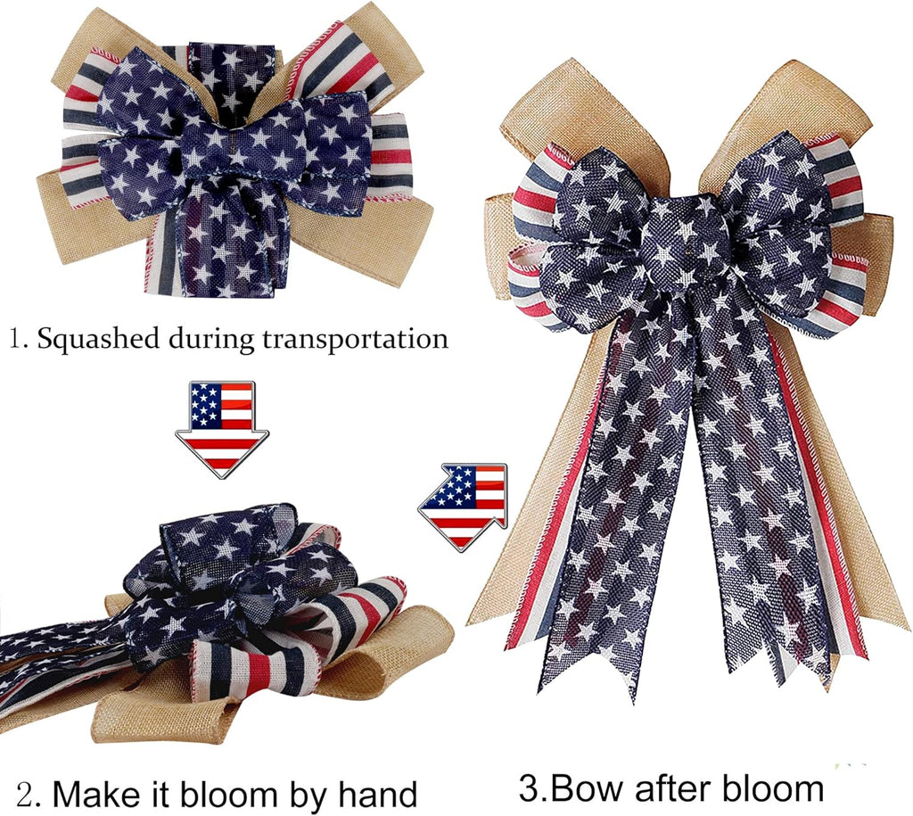 Hongsome Patriotic Burlap Bow for 4th of July Wreaths - Red White Blue Stars, 11x16.5in