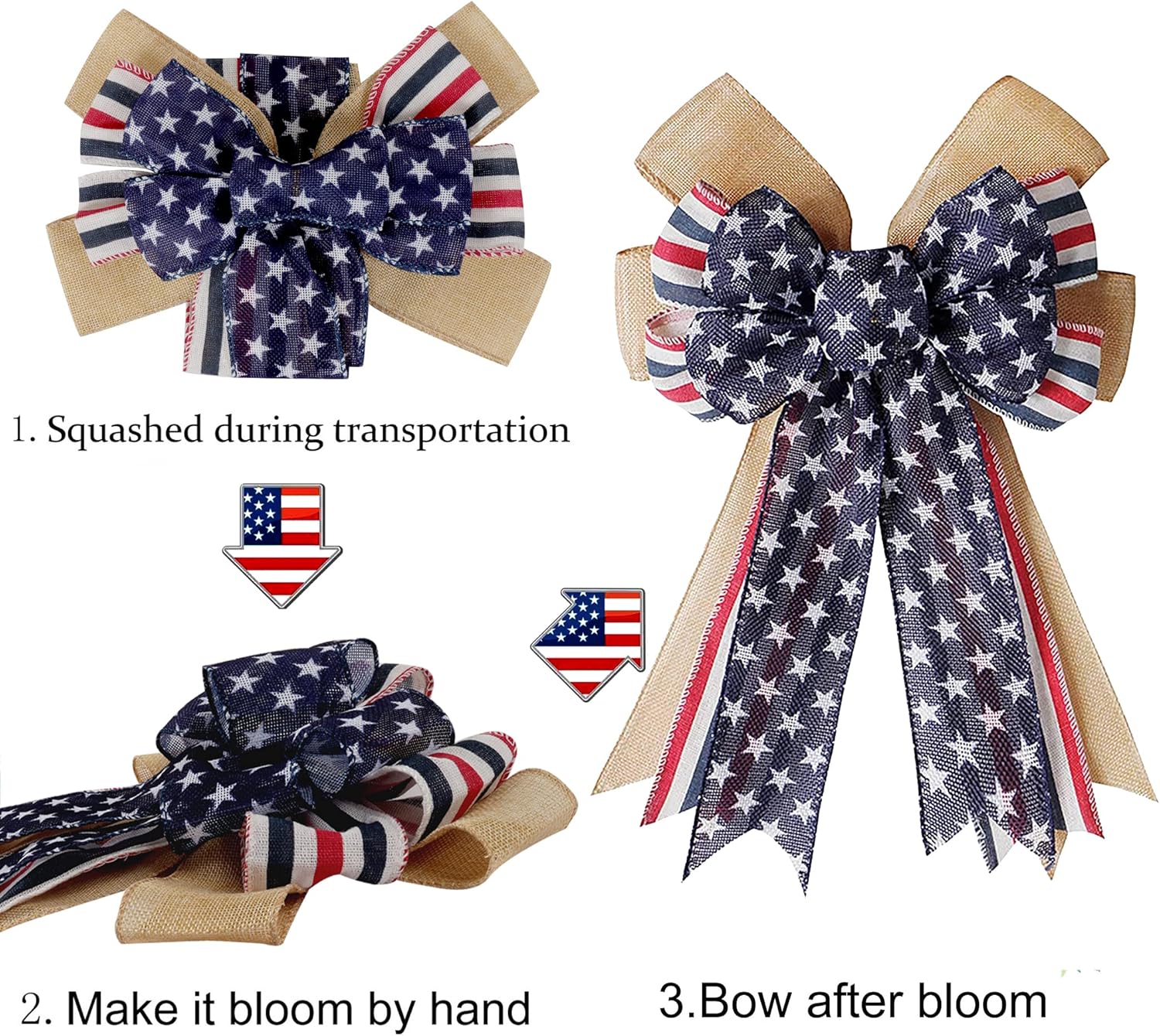 Hongsome Patriotic Burlap Bow for 4th of July Wreaths - Red White Blue Stars, 11x16.5in
