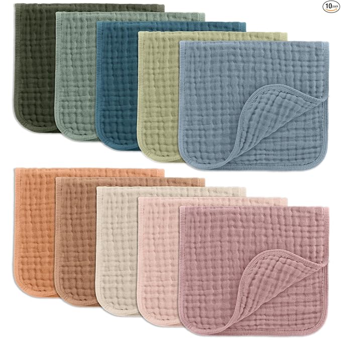 Comfy Cubs 20x10 Muslin Burp Cloths - 6-Layer Absorbent Cotton for Baby Messes (10-Pack)