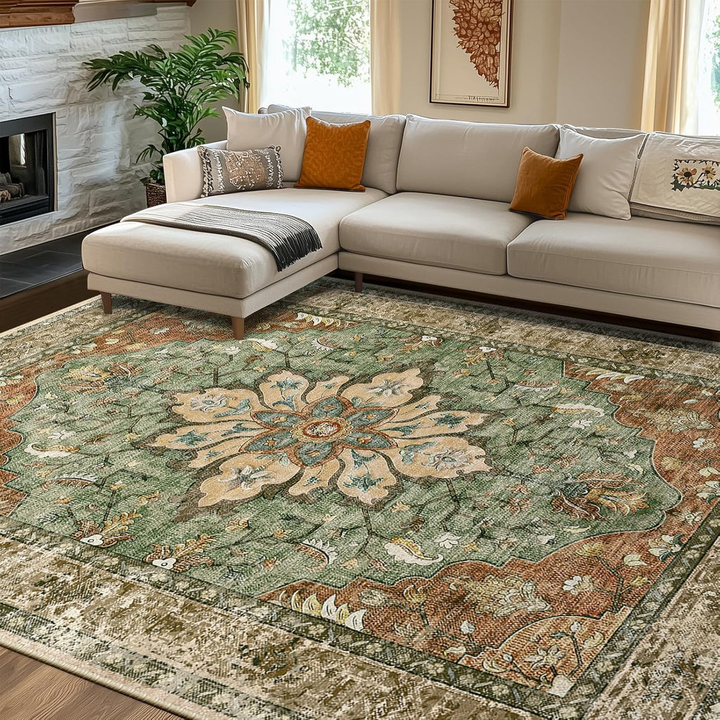 RELEANY 8'x10' Washable Non-Slip Floral Vintage Medallion Rug for Living Room