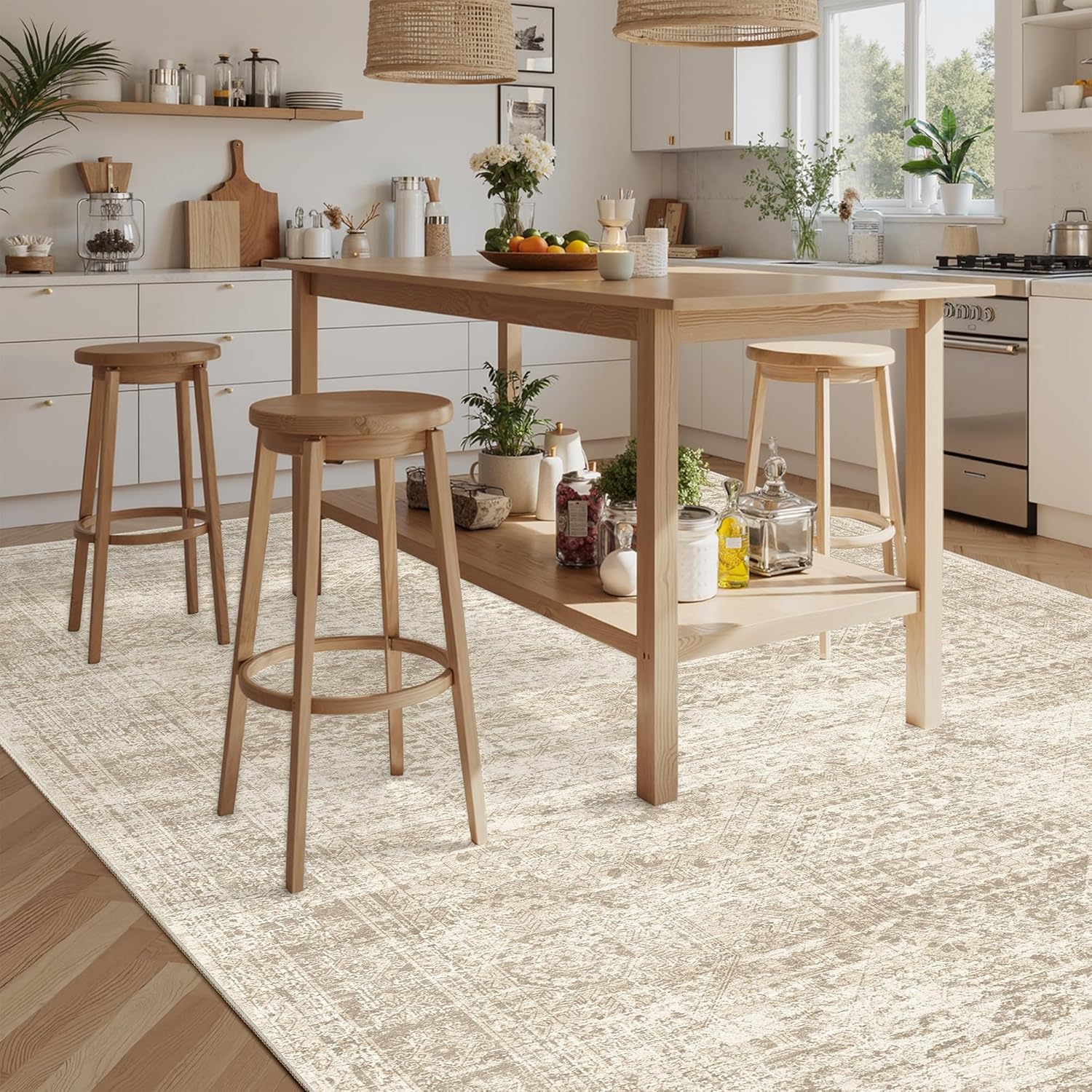 Soalmost Washable 8x10 Vintage Beige Area Rug - Soft Non-Slip Living Room Carpet