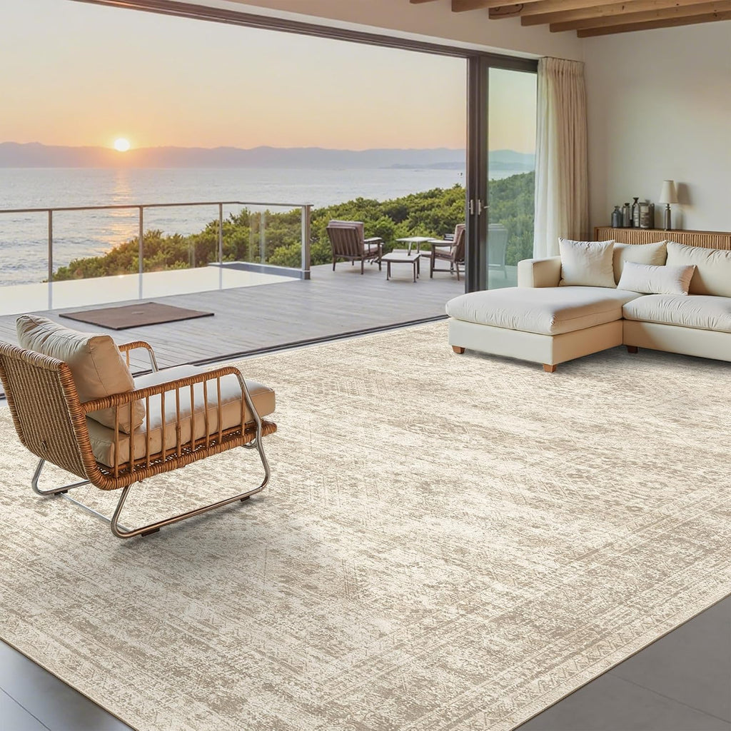 Soalmost Washable 8x10 Vintage Beige Area Rug - Soft Non-Slip Living Room Carpet