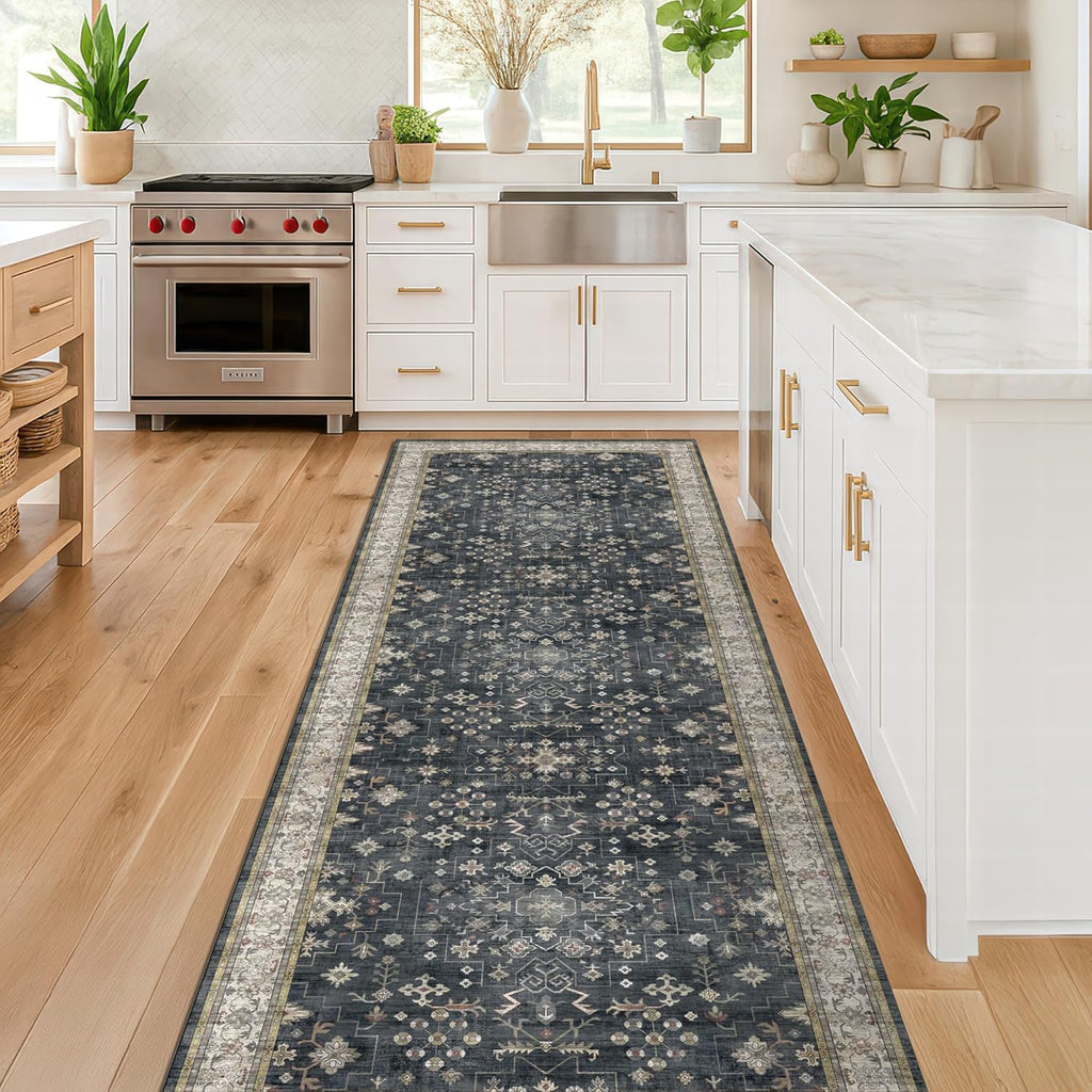 Black Boho Washable Runner Rug (2' x 6') - Non-Slip, Stain-Resistant for Kitchen & Hallway by Hazo Haus