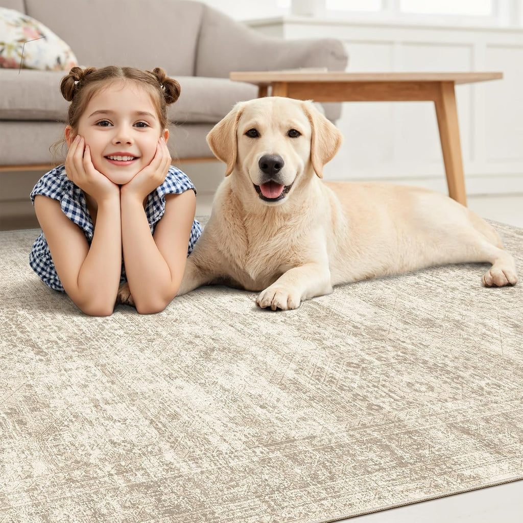 Soalmost Washable 8x10 Vintage Beige Area Rug - Soft Non-Slip Living Room Carpet