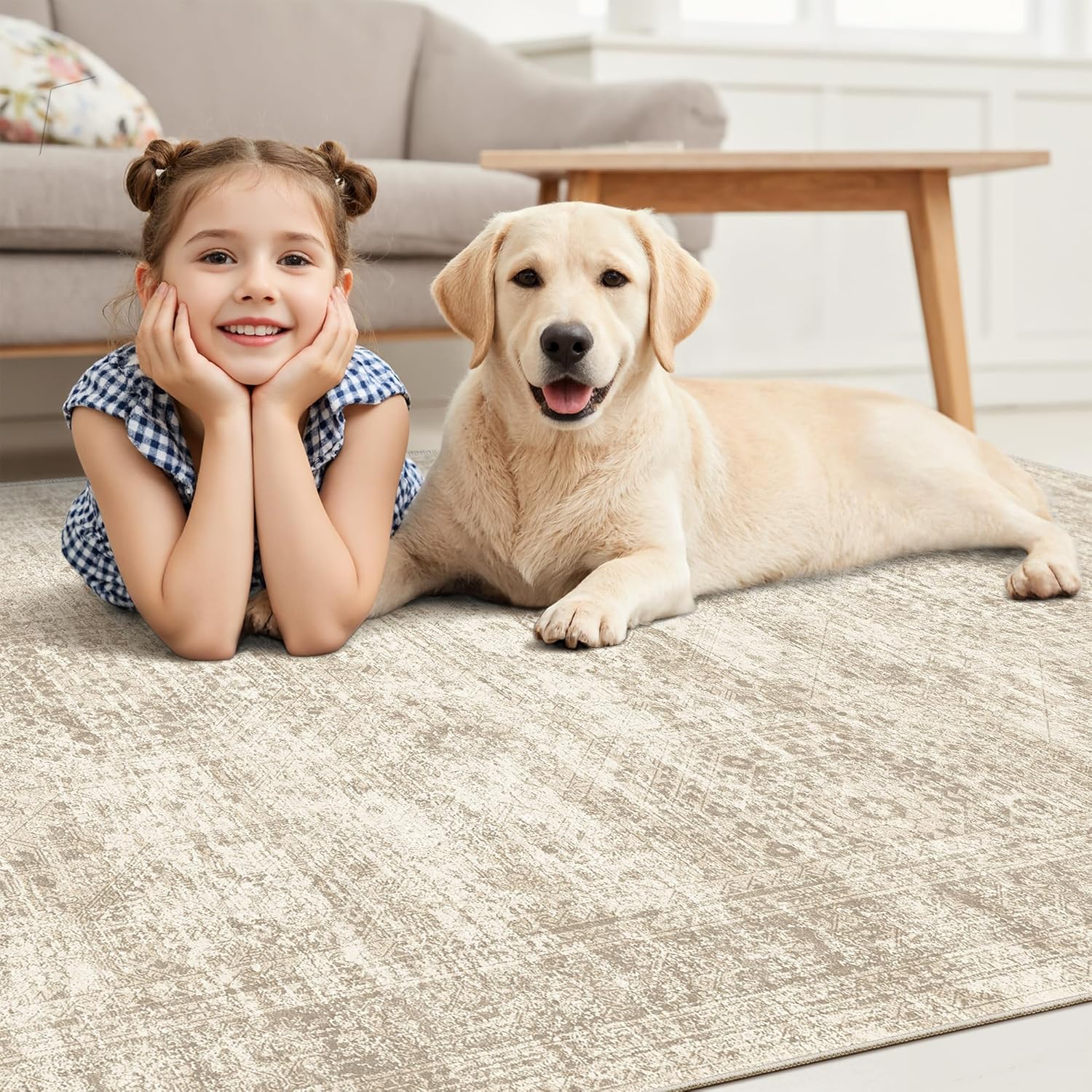 Soalmost Washable 8x10 Vintage Beige Area Rug - Soft Non-Slip Living Room Carpet