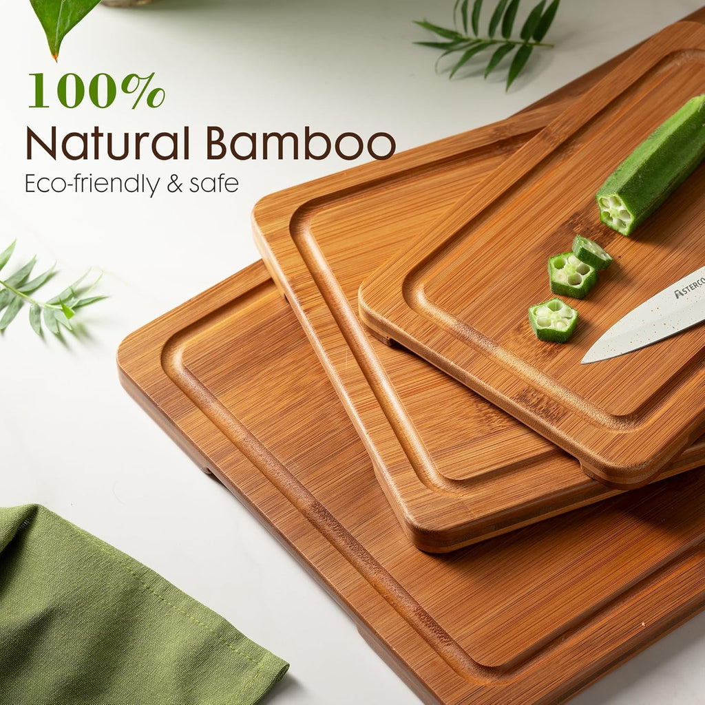 Astercook Carbonized Bamboo Cutting Boards Set w/ Stand (3-Piece)