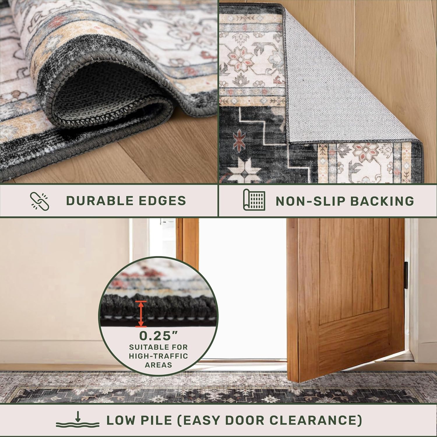 Black Boho Washable Runner Rug (2' x 6') - Non-Slip, Stain-Resistant for Kitchen & Hallway by Hazo Haus