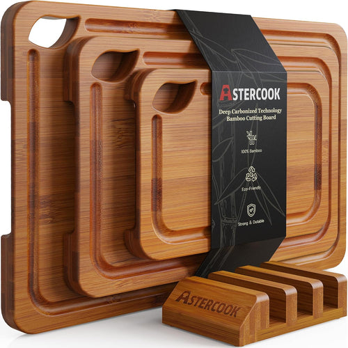 Astercook Carbonized Bamboo Cutting Boards Set w/ Stand (3-Piece)